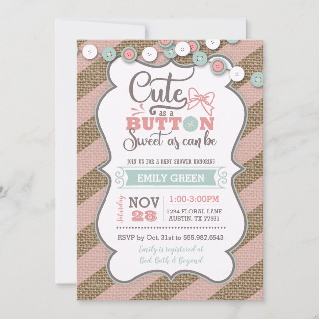 Cute As A Bouton Baby shower Invitation Mint Rose (Devant)