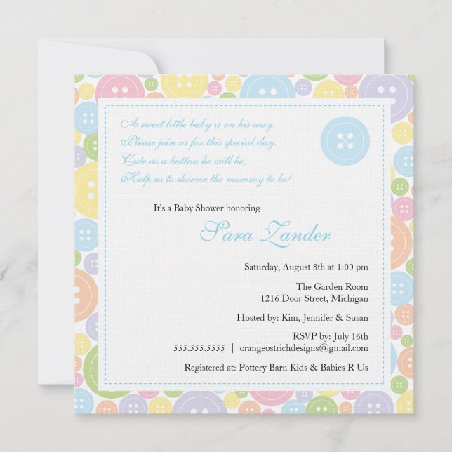 Cute as a Button Boy Baby shower Invitation (Devant)