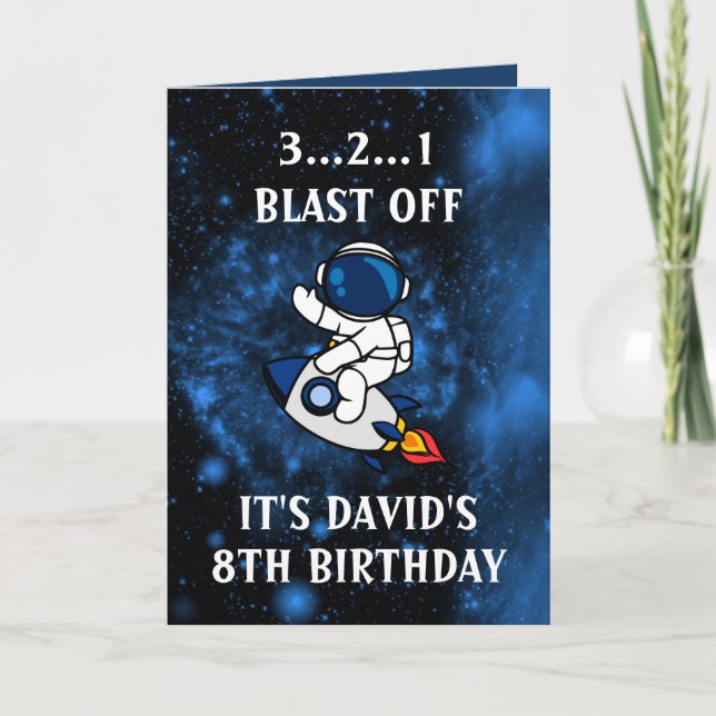 Cute Astronaut Blue Black Galaxy 8th Birthday Karte (Vorderseite)