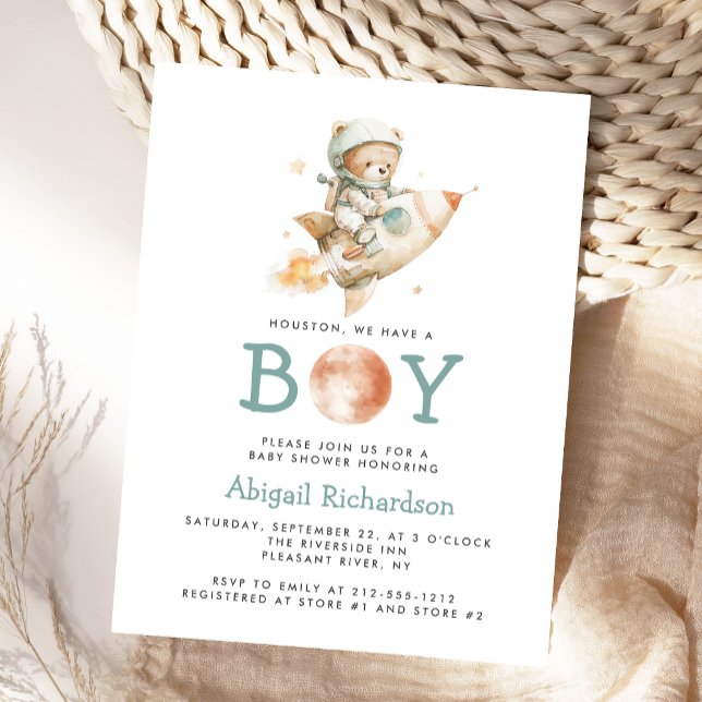 Cute Astronaut Teddy Bear Boy Baby Shower Invite Postkarte (Von Creator hochgeladen)