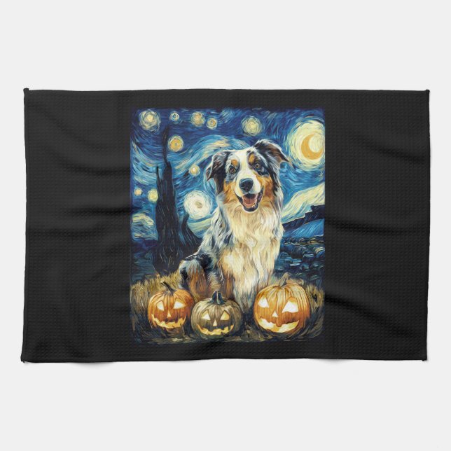 Cute Australian Shepherd Dog Halloween Jack O Lant Geschirrtuch (Horizontal)