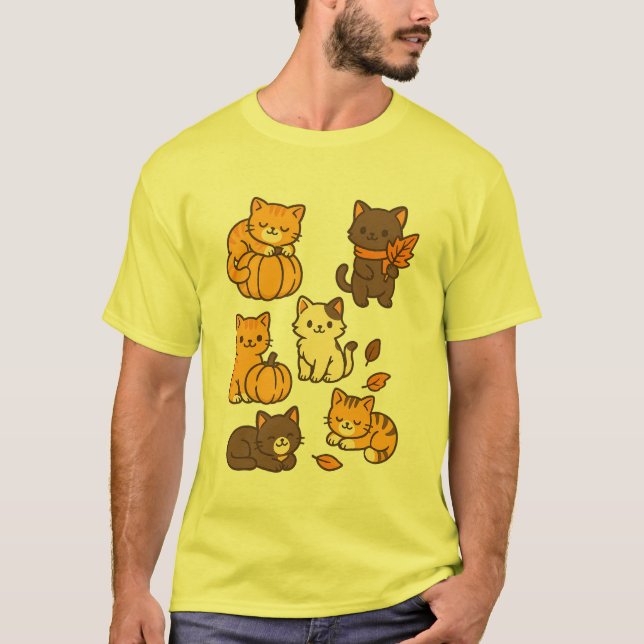 Cute Autumn Cats with Pumpkins and Leaves Fall  T-Shirt (Vorderseite)