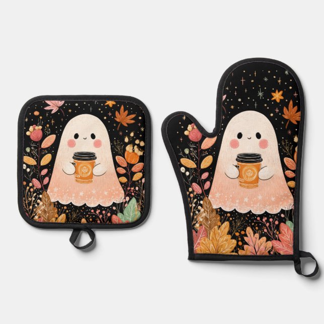 Cute Autumn Ghost with Pumpkin Coffee – Cozy Fall  Ofenhandschuh & Topflappen-Set (Vorderseite)