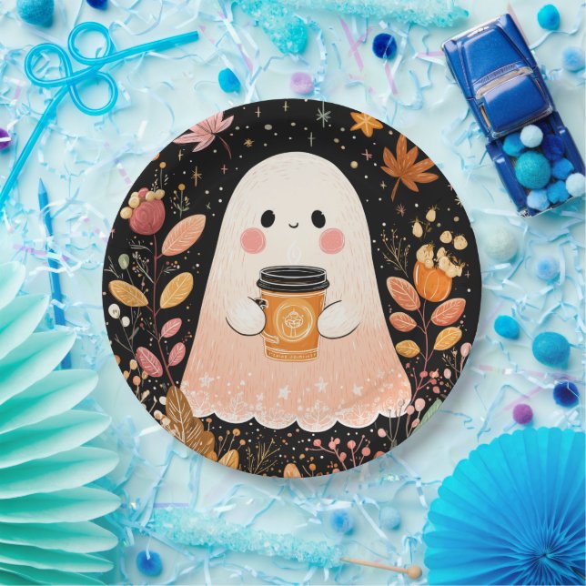 Cute Autumn Ghost with Pumpkin Coffee – Cozy Fall  Pappteller (Party)
