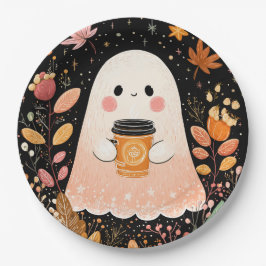 Cute Autumn Ghost with Pumpkin Coffee – Cozy Fall Pappteller