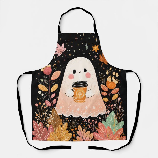 Cute Autumn Ghost with Pumpkin Coffee – Cozy Fall  Schürze (Vorderseite)