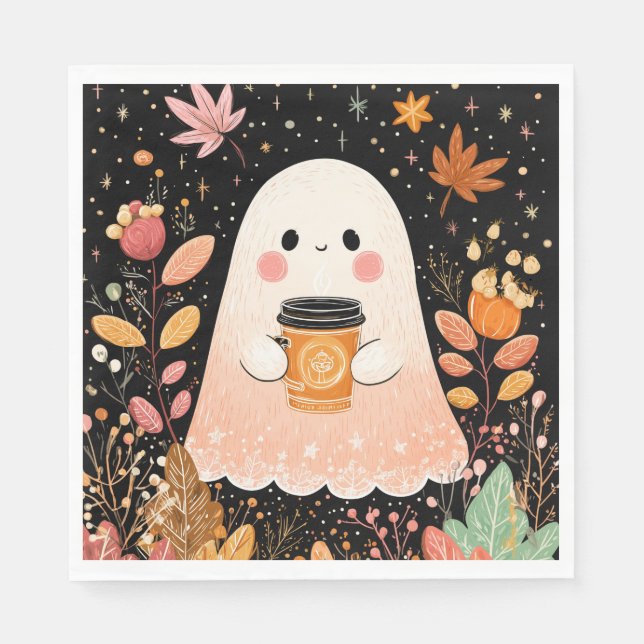 Cute Autumn Ghost with Pumpkin Coffee – Cozy Fall  Serviette (Vorderseite)