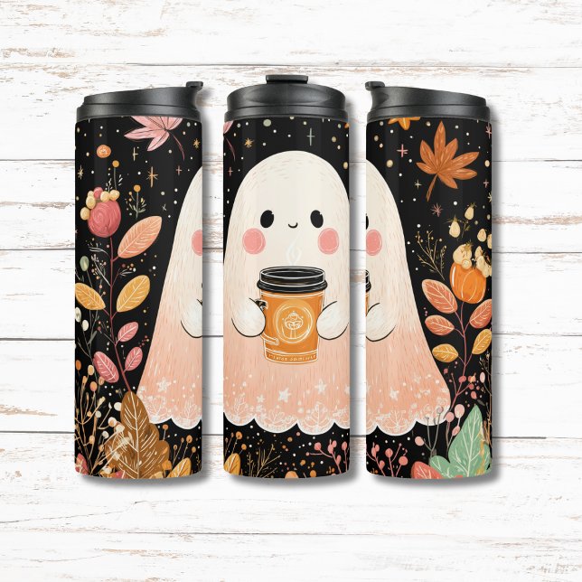 Cute Autumn Ghost with Pumpkin Coffee – Cozy Fall  Thermosbecher (Von Creator hochgeladen)