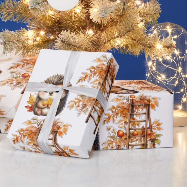 Cute Autumn Hedgehog with Harvest Ladder Illustrat Geschenkpapier (Feiertage)