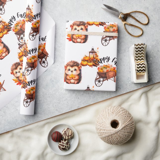 Cute Autumn Hedgehog with Harvest Ladder Illustrat Geschenkpapier (Kunsthandwerk)