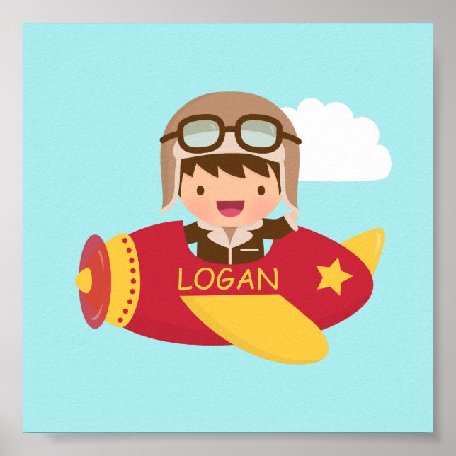 Cute Aviator Boy Airplane Boys Room Decor Poster (Vorne)