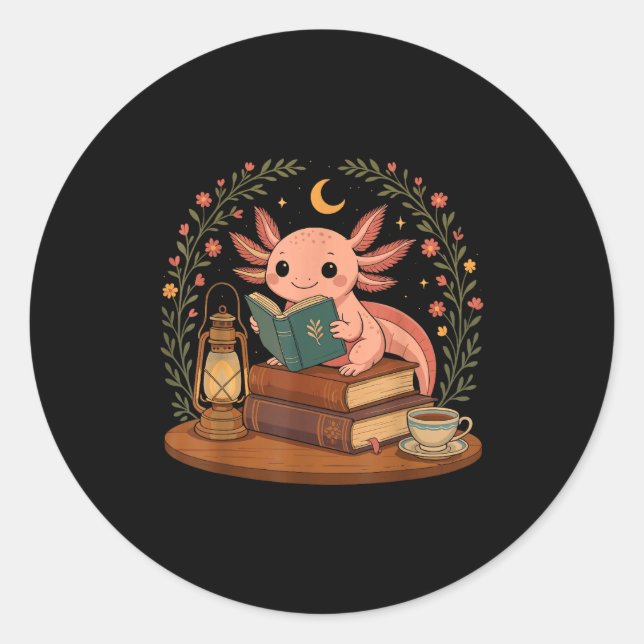 Cute Axolotl Reading Books Cozy Bookworm  Runder Aufkleber (Vorderseite)