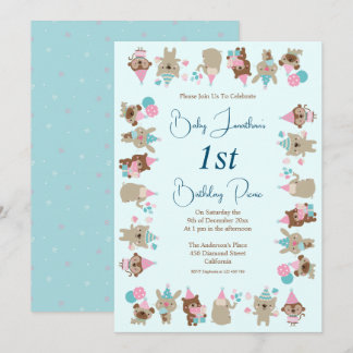 Cute Baby Animals 1st Birthday Picnic Aqua Einladung