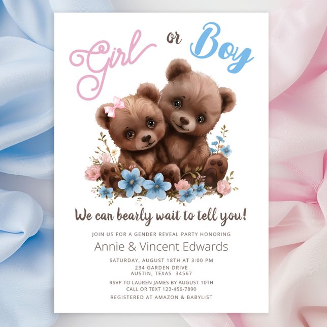Cute Baby Bear Cubs Genre Reveal Party Invitation (Adorable baby boy and girl bear cubs with pretty pink and blue flowers. Simply add your details.)