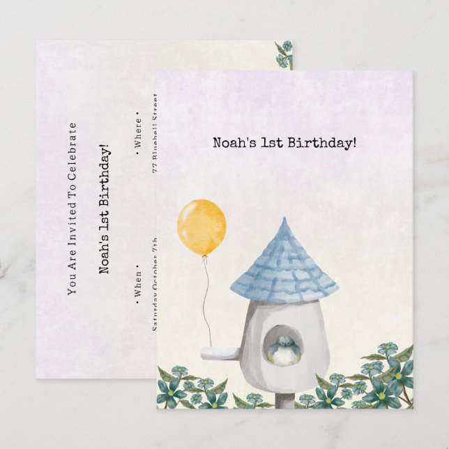Cute Baby Bird With Yellow Balloon Invitation Postkarte (Vorne/Hinten)