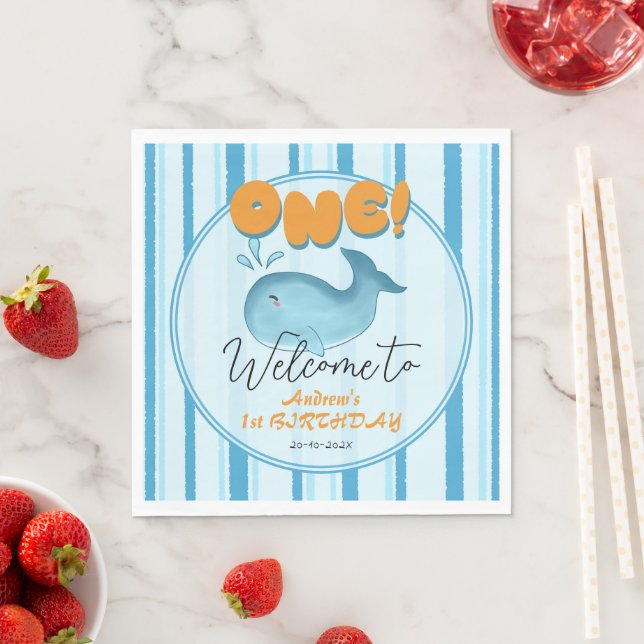 Cute Baby Blue Whale 1st Birthday Serviette (Beispiel)