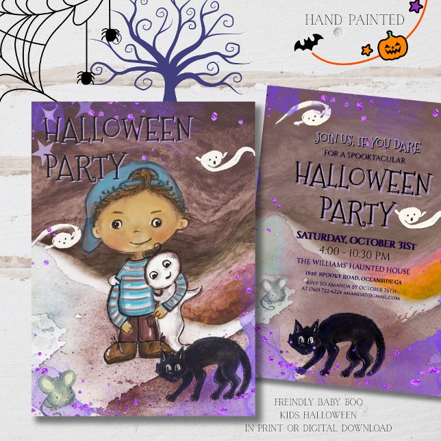 Cute Baby boo, cat & Boy Halloween Party  Einladung (Cute Baby boo, cat & Boy Halloween Party Invitation)