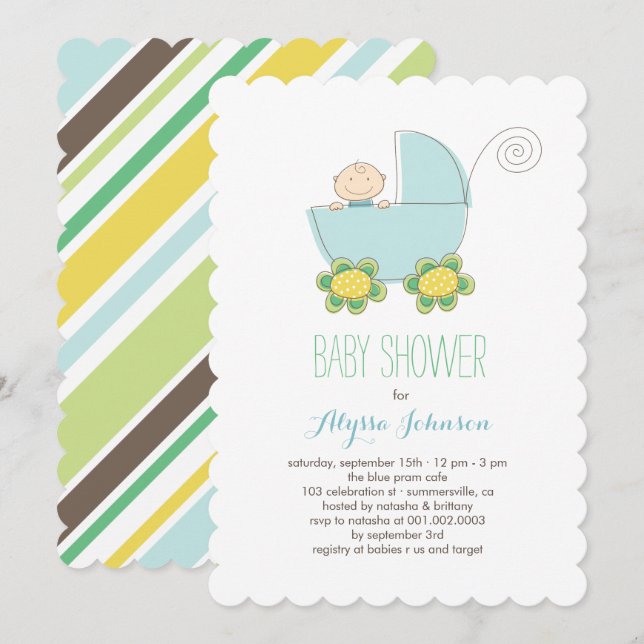 Cute Baby Boy Blue Pram Baby shower Invitation (Devant / Derrière)