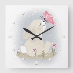 Cute baby Bunny and butterfly. Quadratische Wanduhr
