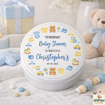 Cute Baby Clothes & Toys Boy Baby Shower Button<br><div class="desc">Cute boy baby shower button with baby clothes and toys theme. Perfect accessory or party favor for a baby boy shower celebration. Celebrate the upcoming arrival of a little boy with this adorable baby shower button featuring cute baby clothes and toy illustrations. Perfect for the mom-to-be, family members, or party...</div>