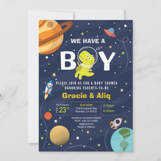 Cute Baby Dinosaur baby shower invitation GARY (Devant)