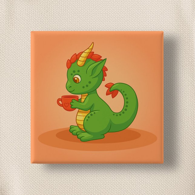 Cute Baby Dragon Holding Cup on Orange Button (Von Creator hochgeladen)