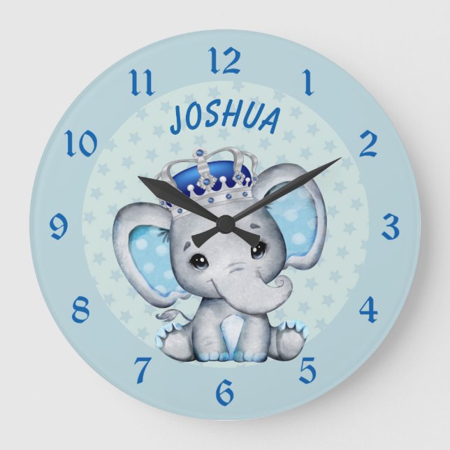 Cute Baby Elephant Boy Prince Große Wanduhr (Vorderseite)