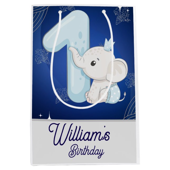 Cute Baby Elephant First Birthday Mittlere Geschenktüte (Vorderseite)