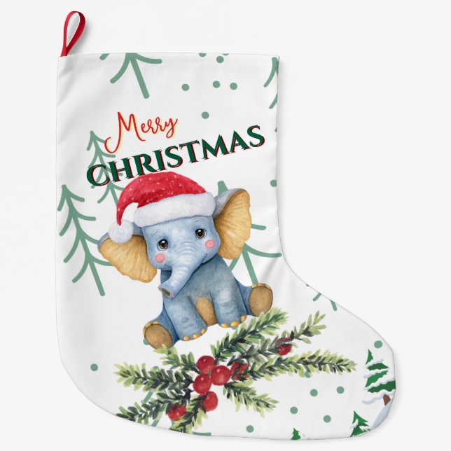 Cute Baby Elephant in Red Santa Hat Großer Weihnachtsstrumpf (Vorderseite)