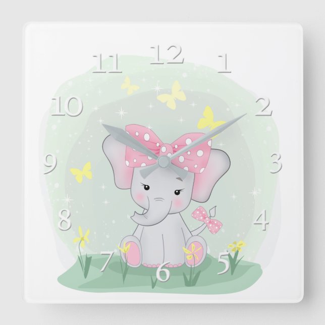  Cute baby elephant with a pink bow in a clearing  Quadratische Wanduhr (Vorderseite)