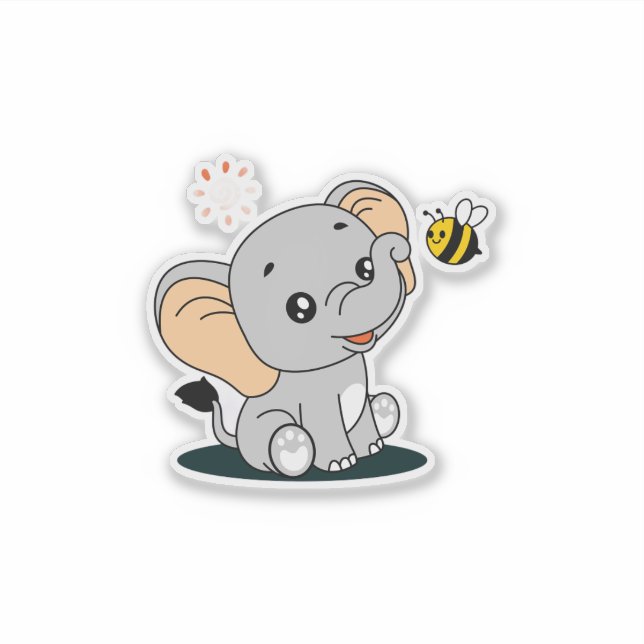 Cute Baby Elephant with Bee Cartoon Vinyl Sticker (Vorderseite)