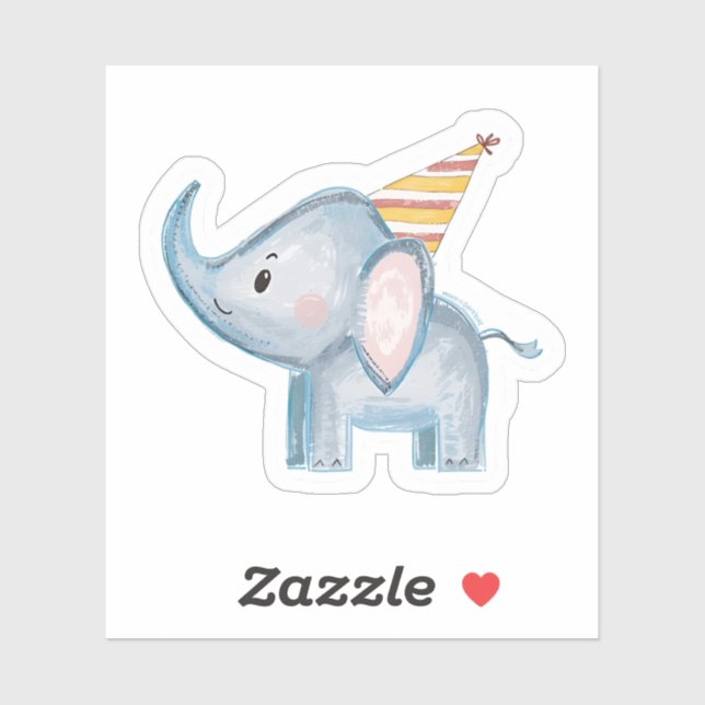 Cute Baby Elephant with Party Hat Birthday Sticker (Feuille)