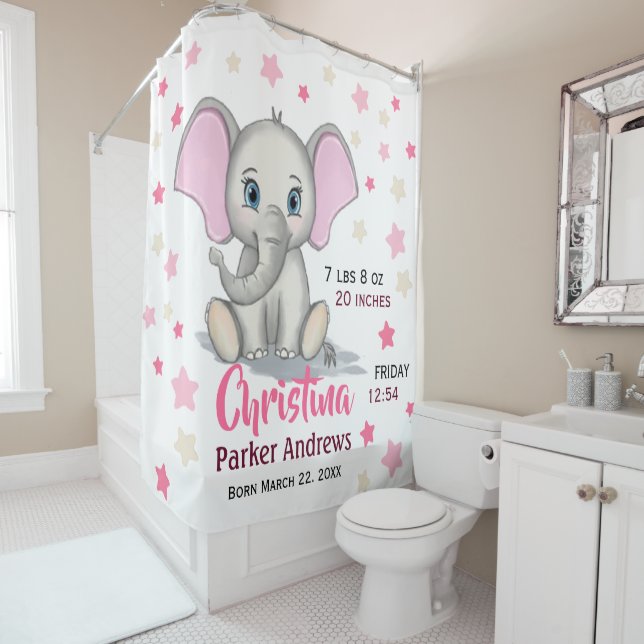 Cute Baby Elephant with Pink Ears Girl Birth Stats Duschvorhang (Beispiel)