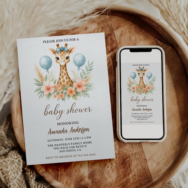 Cute Baby Giraffe Boy Baby Shower | Blue Safari Einladung (Von Creator hochgeladen)