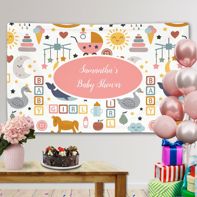 Cute Baby Girl Pink Toy Pattern Baby Shower Banner (Von Creator hochgeladen)