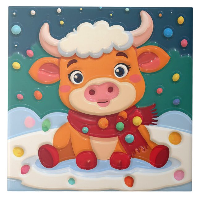 Cute Baby Highland Cow w Christmas Lights on Teal Fliese (Vorderseite)
