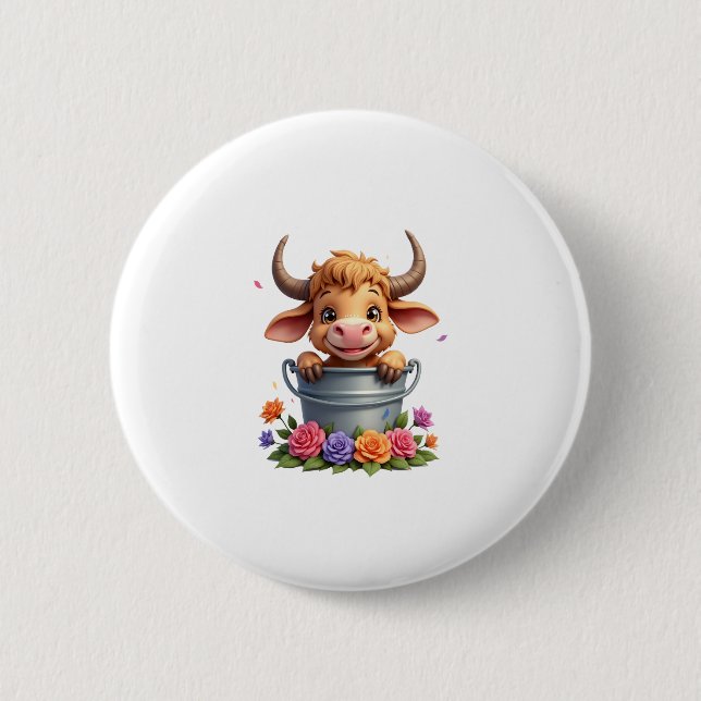 Cute Baby Highland Cow With flowers Calf Animal co Button (Vorderseite)