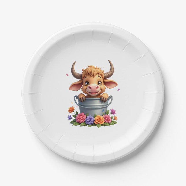 Cute Baby Highland Cow With flowers Calf Animal co Pappteller (Vorderseite)