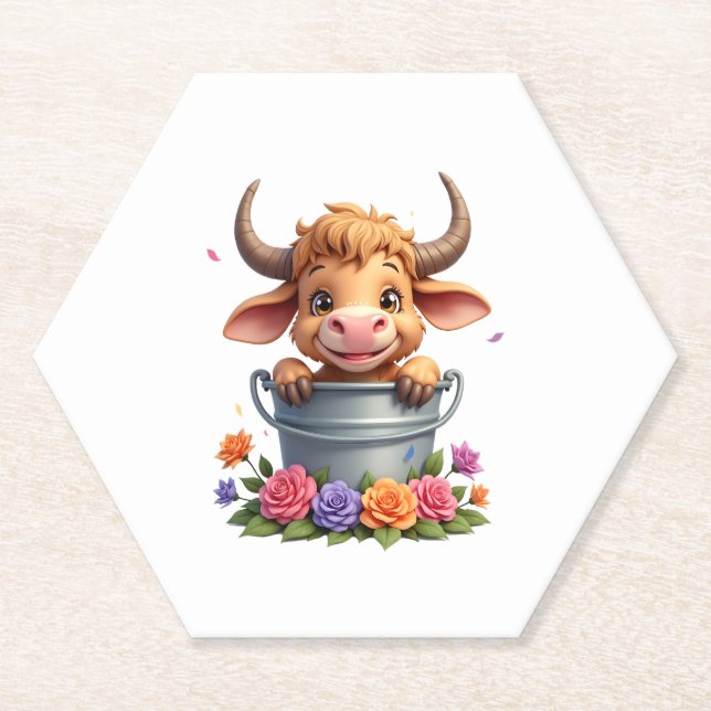 Cute Baby Highland Cow With flowers Calf Animal co Untersetzer (Vorderseite)