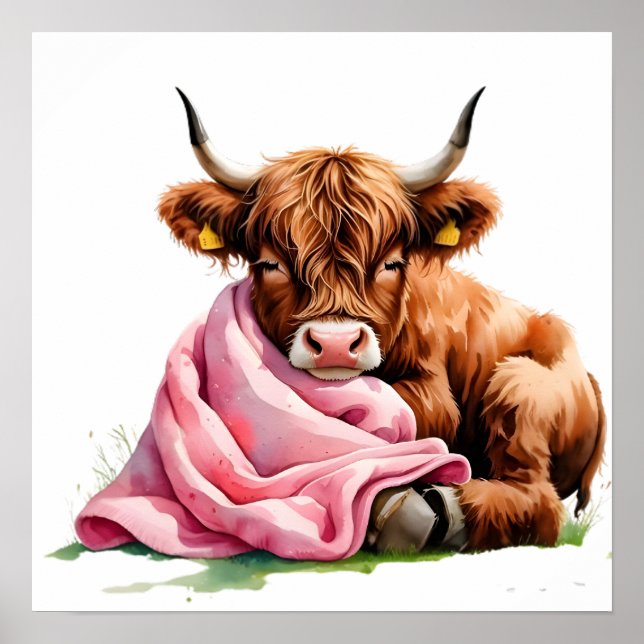 Cute Baby Highland Cow with Flowers Poster (Vorne)