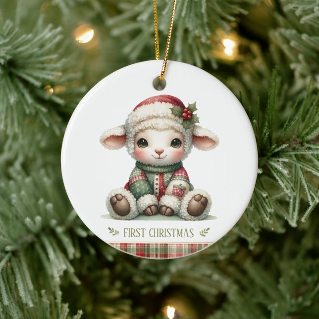 Cute Baby Lamb First Christmas Keepsake Photo Keramik Ornament (Baum)