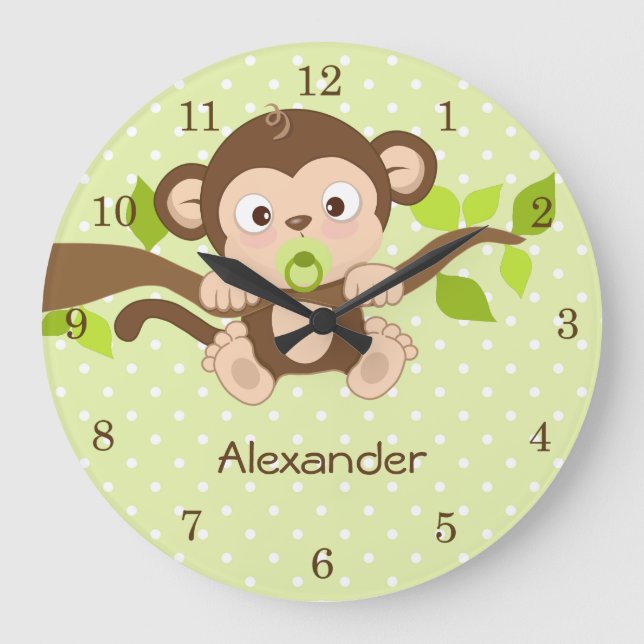 Cute Baby Monkey Green Polka Dots Wall Clocks Große Wanduhr (Vorderseite)