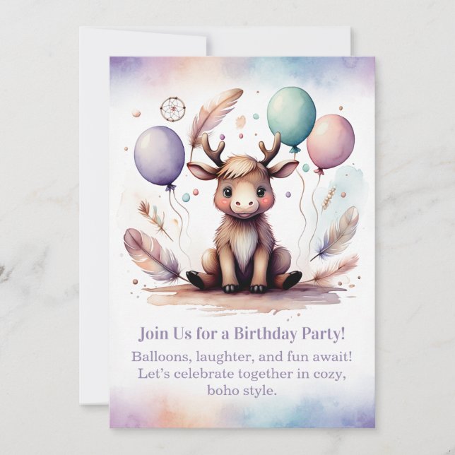 Cute baby Moose Birthday Invitation Woodland Boho  Einladung (Vorderseite)