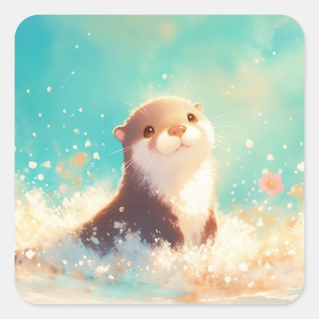 Cute Baby Otter Playing in Golden Sparkling Ocean Quadratischer Aufkleber (Vorderseite)
