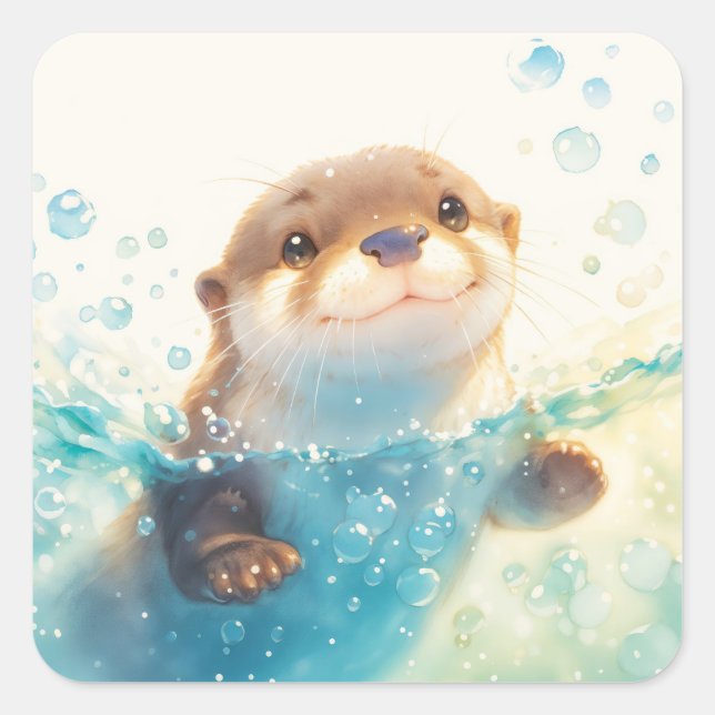 Cute Baby Otter Splashing in Sparkling Blue Water Quadratischer Aufkleber (Vorderseite)