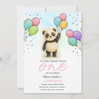Cute Baby Panda Balloon 1st Birthday Party Pink Einladung