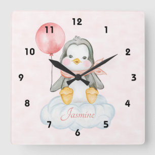 Cute Baby Penguin On A Cloud Quadratische Wanduhr