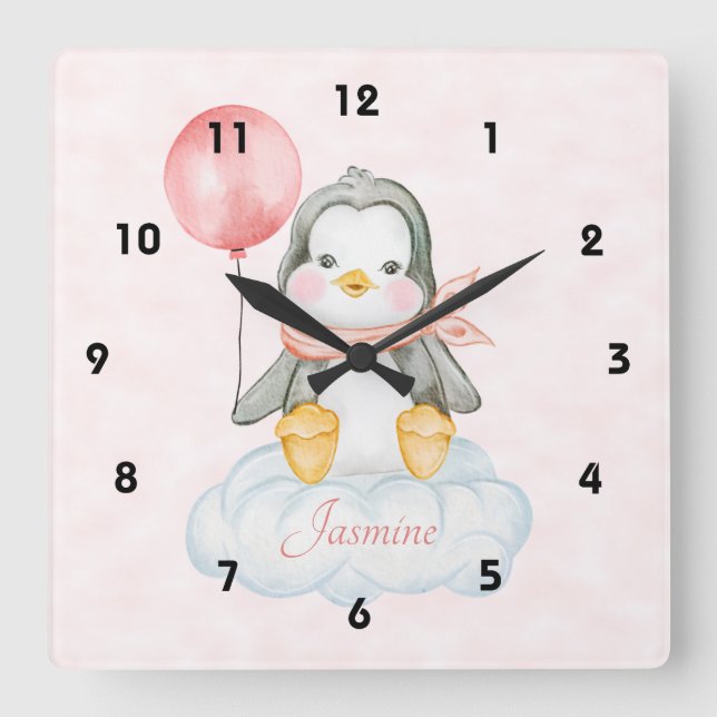 Cute Baby Penguin On A Cloud Quadratische Wanduhr (Vorderseite)