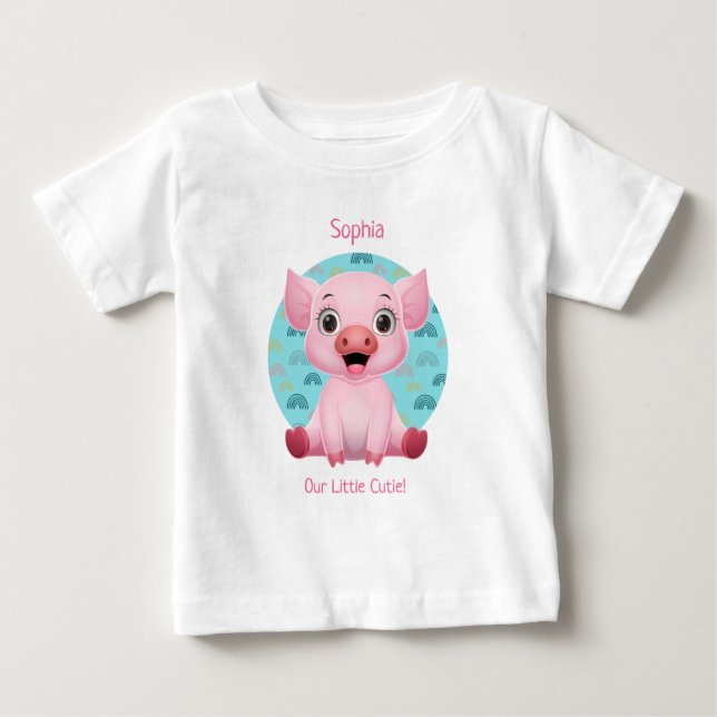 Cute Baby Pig Cartoon, DIY Name & Pink Text Baby T-shirt (Vorderseite)