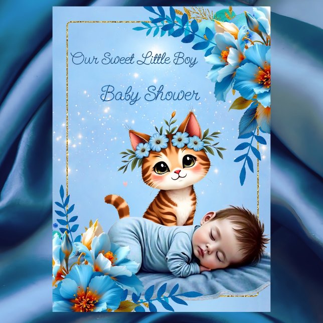 Cute Baby Shower Boy Blue Little Cat Kitten Einladung (Von Creator hochgeladen)